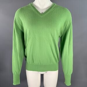 TURNBULL & ASSER Size XL Green Knitted Cashmere V-Neck Sweater